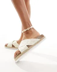 エイソス レディース シューズ サンダル ASOS DESIGN Jessie flatform cross strap espadrille sandals crochet IVORY CROCHEのサムネイル