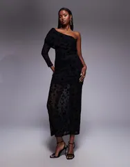 エイソス レディース トップス ワンピース フラワー柄 ギャザー メッシュ ワンショルダー マキシ フラワー ASOS DESIGN oneshoulderuched flocked floral mesh maxi dress Black ブラック