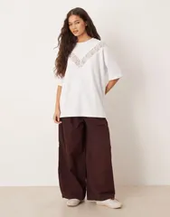 エイソス レディース トップス Tシャツ レース ASOS DESIGN lace detailing longline heavyweightee WHITE ホワイト