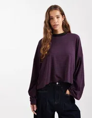 コルージョン レディース トップス Tシャツ コントラスト COLLUSION oversized long sleeve Tshirt and blue stripe with contrast collared blue stripe ブルー