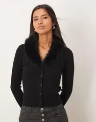 マンゴ レディース アウター カーディガン Mango faux fur collar cardigan Black ブラックのサムネイル