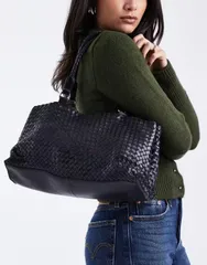 エイソス レディース バッグ レザー ASOS DESIGN leather woven tote bag Black ブラックのサムネイル
