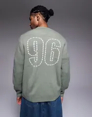 エイソス メンズ アウター ニット・セーター クルーネック グラフィック ASOS DESIGN relaxed knit crew neck sweater with 96 graphic Khakのサムネイル