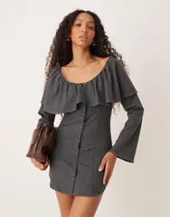 エイソス レディース トップス ワンピース ボタンダウン ミニワンピース フリル ミニ ダウン ASOS DESIGN poplin button down mini dress with ruffle neckline pinstripes Gray Pin