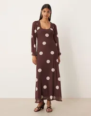 エイソス レディース トップス ワンピース ドット柄 バルーンスリーブ マキシワンピース ドット マキシ ASOS DESIGN balloon sleeve maxi dress polka dot BROWN POLKA ブラウン