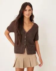 マンゴ レディース アウター カーディガン Mango fluffy short sleeve cardigan BROWN ブラウンのサムネイル