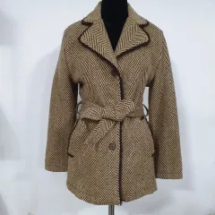 ヴィンテージ・ナード・グランジ・フリンジ・デザインテープ・ウール・ヘリンボーン・ベルト付き・ジャケット・森ガール・レトロ