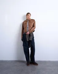 トップショップ レディース アウター コート フルジップ ジャケット TopshopU heavy washed zip through jacket BROWN ブラウンのサムネイル