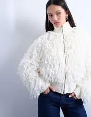 トップショップ レディース アウター カーディガン スタンドネック ニット Topshop loopknit funnel neck zip up cardigan Ivory アイボリーのサムネイル