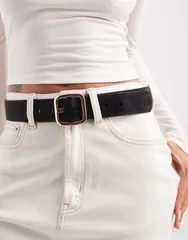 エイソス レディース アクセサリー ベルト ジーンズ ASOS DESIGN square buckle jeans belt in distressed Black ブラックのサムネイル