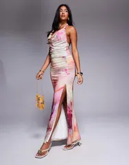 エイソス レディース ボトムスカート プリント ギャザー ASOS DESIGN slinky ruched waist detail slit skirt marble print part of a set PINK MARBLE PRINT ピンク