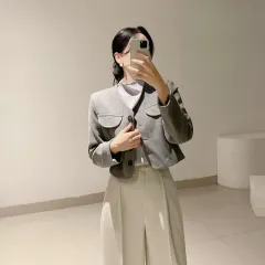 *新品/ノーカラー グレー クロップドジャケット