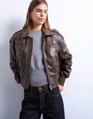 トップショップ レディース アウター ジャケット・ブルゾン レザー フェイクレザー Topshop faux leather ovoid sleeve bomber jacket in washed BROWN ブラウン