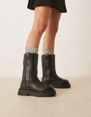 エイソス レディース シューズ ブーツ・レインブーツ レザー ASOS DESIGN Coast chunky pull on boots leather Black ブラックのサムネイル