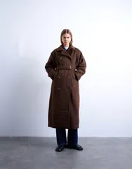 トップショップ レディース アウター コート ウール Topshop unlinedouble breasted longline wool blend coat in chocolate チョコレーのサムネイル