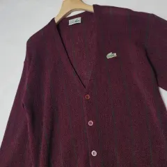 95_LACOSTE ラコステ ピュアウール カーディガン Classic ワイン ダークグリーン ストライプ