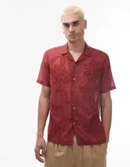 トップマン メンズ トップス シャツ フラワー柄 シアー 刺繍 フラワー Topman short sleeve sheer embroidered floral shirt RED レッドのサムネイル