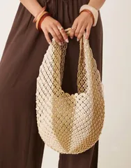 エイソス レディース バッグ トートバッグ ASOS DESIGN macrame vertical stripe crochet slouch tote bag in neutral Neutralのサムネイル