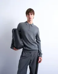 トップマン メンズ トップス ポロシャツ ウール Topman essential zip polo with wool in charcoal CHARCOAL チャコールのサムネイル
