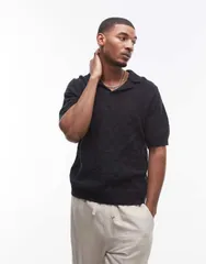 トップマン メンズ トップス ポロシャツ Topman crochet pattern polo Black ブラックのサムネイル