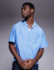 エイソス メンズ トップス シャツ ASOS DESIGN boxy oversized revere shirt and blue stripe Redblue ブルー