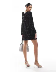 オンリー レディース トップス ワンピース ミニ スパンコール ONLY sequin back detail bow mini dress Black ブラック