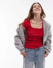 トップショップ レディース トップス Tシャツ キャップ Topshop square neck rib cap sleeve tee in cherry Cherry Red レッドのサムネイル