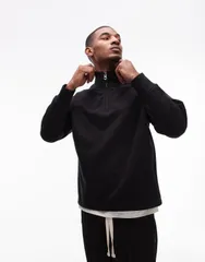 トップマン メンズ アウター パーカー・スウェット スウェット シャツ Topman premium heavyweight oversized 14 zip sweatshirt Black ブラッのサムネイル