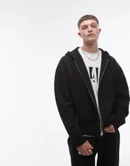 トップマン メンズ アウター パーカー・スウェット リラックスフィット パーカー Topman relaxed fit full zip hoodie Black ブラックのサムネイル
