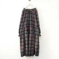 美品 ピンクハウス PINK HOUSE 裾スカラップレース刺繍 タータンチェック フレアロングワンピース ブラック┃ドレス【2400014887204】