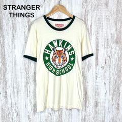 STRANGER THINGS 스트레인저싱스 Hawkins High School 호랑이 타이거 로고 프린트 링거 T셔츠 크림 맨즈 반소매 탑스