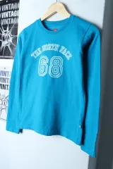 W(S) ザノースフェイス 長袖Tシャツ スリムフィット ブルー オールドスクール-171B5