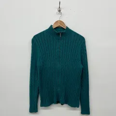 LLBean ケーブル ニット ジップアップ カーディガン グリーン レディース/XL