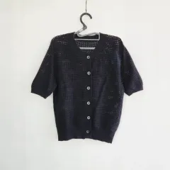 0552 ブラック 半袖 ニット カーディガン エンブロイダリー ラウンド 55サイズ
