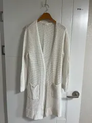 (日本 ヴィンテージ) ニット 編み カーディガン Long アイボリー 白