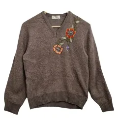 ヴィンテージ フラワー 刺繍 ブラウン Vネック ニット S アクリル ブレンド