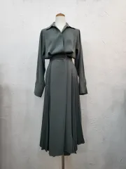 春新商品 カラーネック ピンタック プリーツ Long ワンピースF