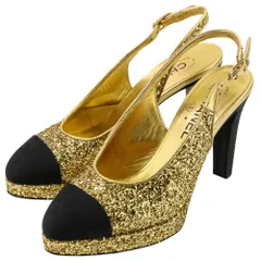 美品 21A CHANEL シャネル ココマーク グリッター スリングバックパンプス G37586 サイズ37.5 24cm相当 ゴールドカラー レディース 古着 中古 USED