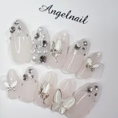 ネイルチップ　キラキラ　オーダーネイル　蝶々　ちゅるん　埋め尽くし　韓国ネイル　シアー　透け感　ワンホン　量産型　リボン