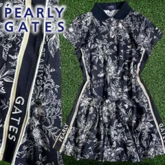 PEARLY GATES パーリーゲイツ ゴルフ 日本製 40/2鹿の子 サイドライン 花柄 ストレッチ 半袖 ミニ ポロシャツ ワンピース ゴルフウェア レディース 055-2224900 定価3.9万 ダークネイビー ホワイト ▲044▼50605w13