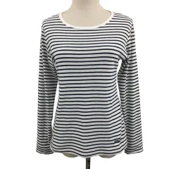 モンベル Montbell Tシャツ カットソー プルオーバー ラウンドネック アウトドア ボーダー ロゴ 刺繍 長袖 M 白 紺 ホワイト ネイビー