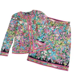 美品 LEONARD FASHION レオナール フラワープリント ノーカラージャケット スカート セットアップ M マルチカラー レディース 古着 中古 USED
