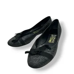 【良品】サルヴァトーレ フェラガモ Salvatore Ferragamo パンプス フラットシューズ リボン ラメ キャンバス ブラック 黒 シルバー 6 1/2 23cm パーティー オケージョン ローヒール ぺたんこ イタリア製 CT1