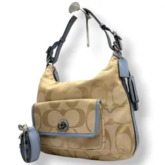 【良品】コーチ COACH ショルダーバッグ 2WAY シグネチャー キャンバス レザー 本革 ベージュ ライトブルー 水色 シルバー金具 斜め掛け可 ワンショルダー ターンロック タッセル クラシック エレガント 鞄 カバン レディース 22392 s21