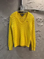 ポロ ラルフローレン ケーブル Vネック コットン ニット イエロー M
