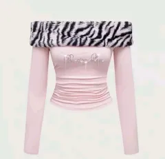 新品/予約購入 Y2K レオパード オフショルダー 長袖Tシャツ ピンク