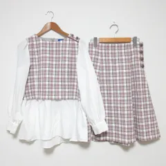 23SS ブルーレーベルクレストブリッジ サマーツイード チェック リング ブラウス フレアスカート セットアップ 36 ピンク レディース 古着 中古 USED