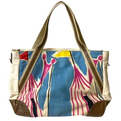 良品 PRADA プラダ キャンバス×オーストリッチレザー ビッグトートバッグ マルチカラー キナリ レディース 古着 中古 USED