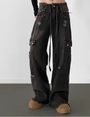 y2k ブラック ダメージ カーゴ ワイド パンツ M