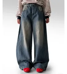 ブラッシュ ウォッシュ サイド Vピンタック ワイド デニム パンツ